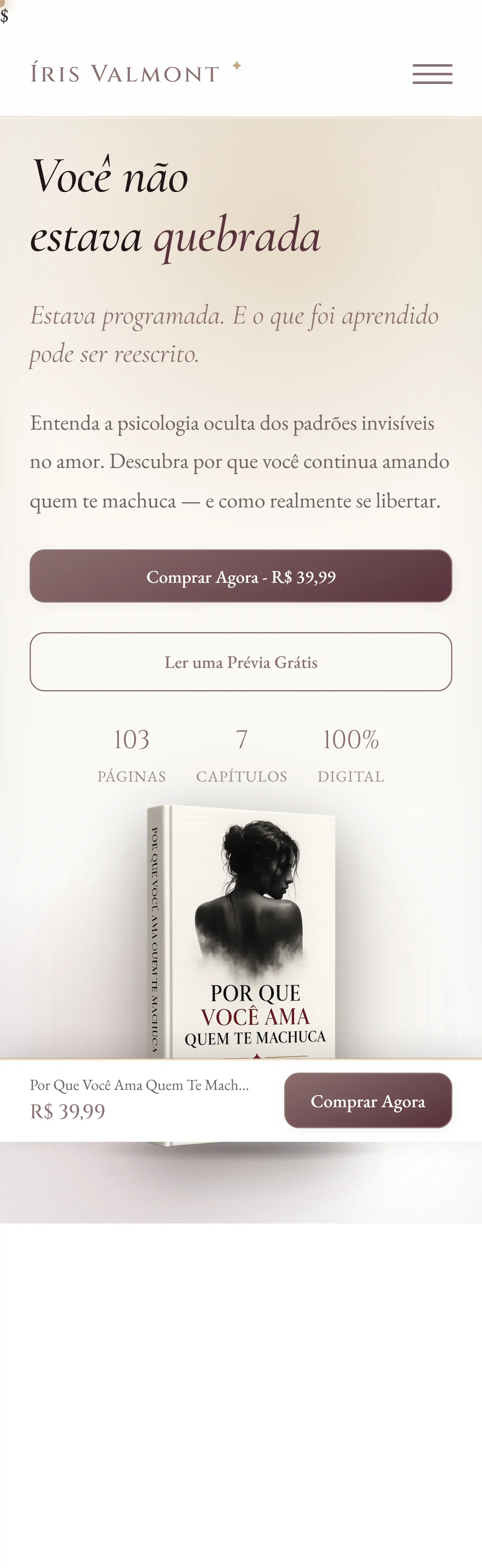A loja irisvalmont.com.br aberta num celular, com o botão Comprar Agora por R$ 39,99.