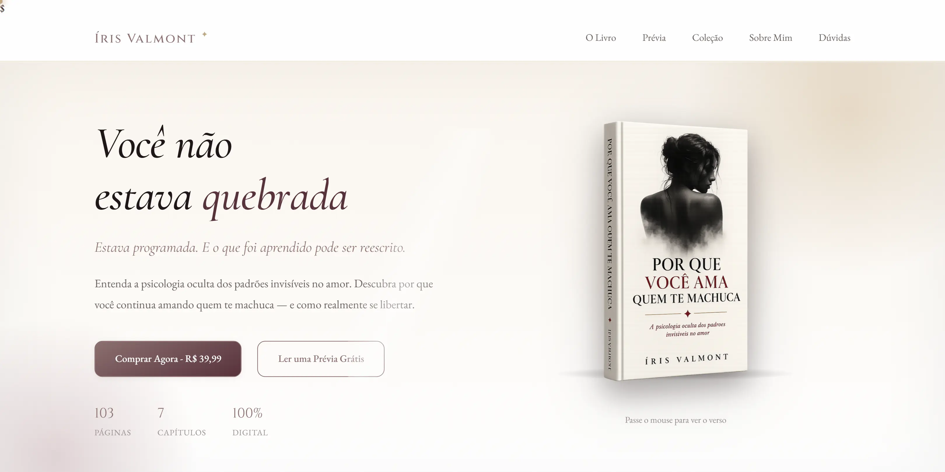 A home de irisvalmont.com.br: título, botão de compra por R$ 39,99, prévia gratuita e a capa do livro.